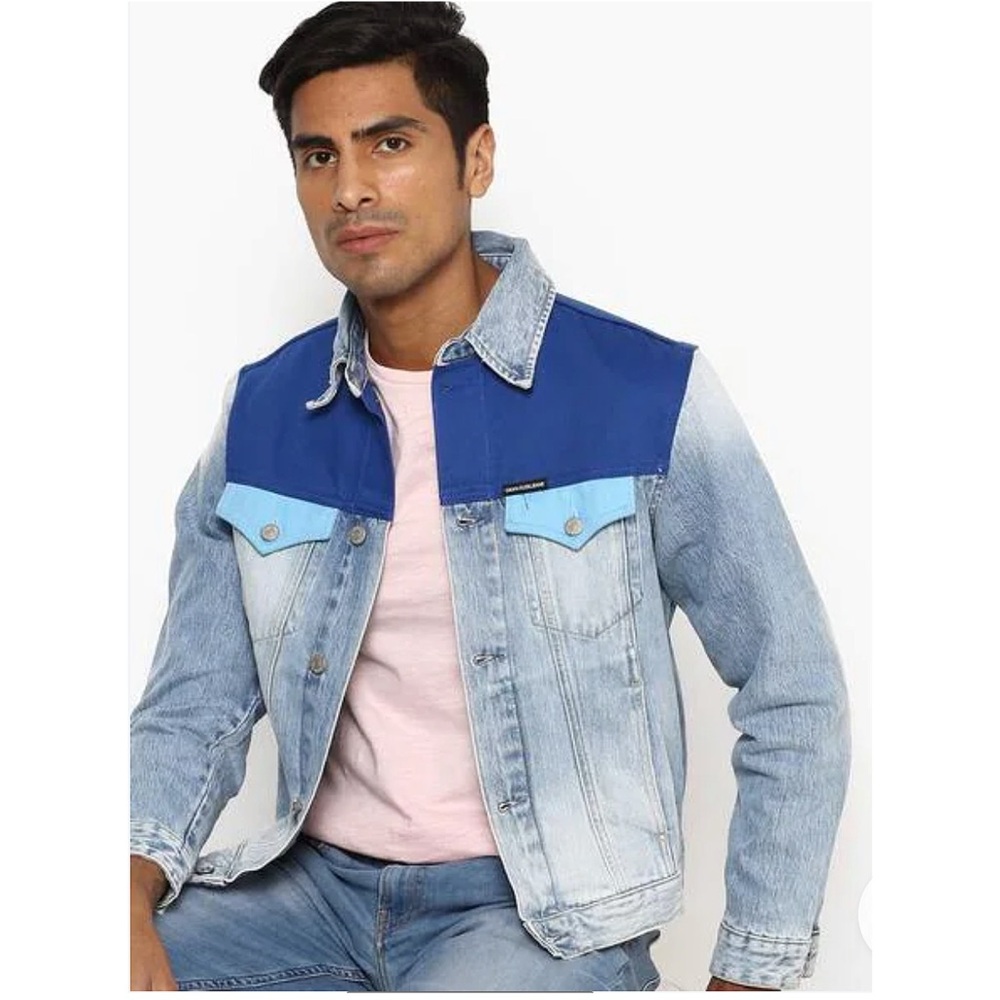 Calvin Kline Jeans Monhonk Blue Color Block Denim Men’s Trucker Jean Jacket